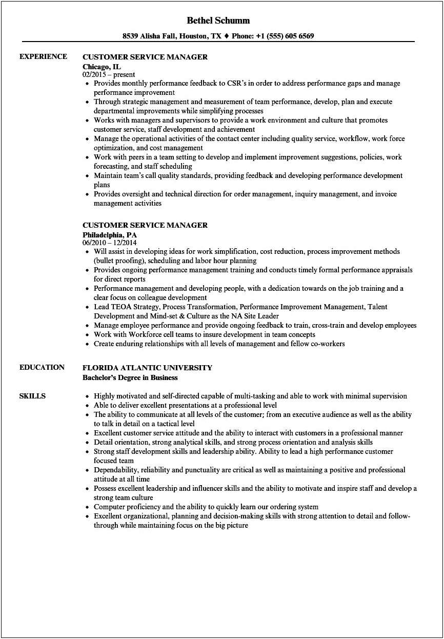 Customer Service Manager Duties For Resume