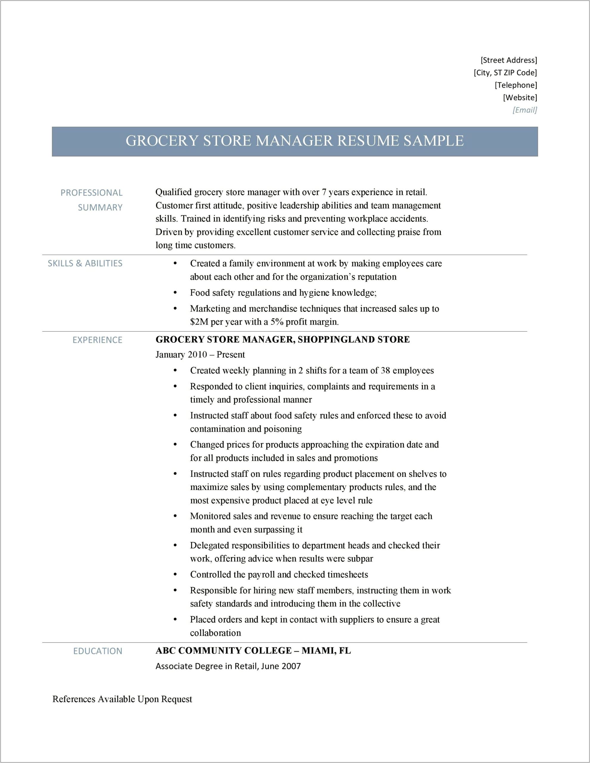 Customer Service Manager Grocery Store Resume