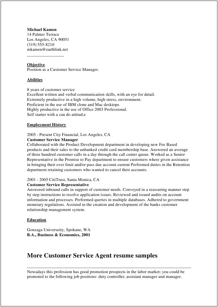 Customer Service Manager Job Description For Resume