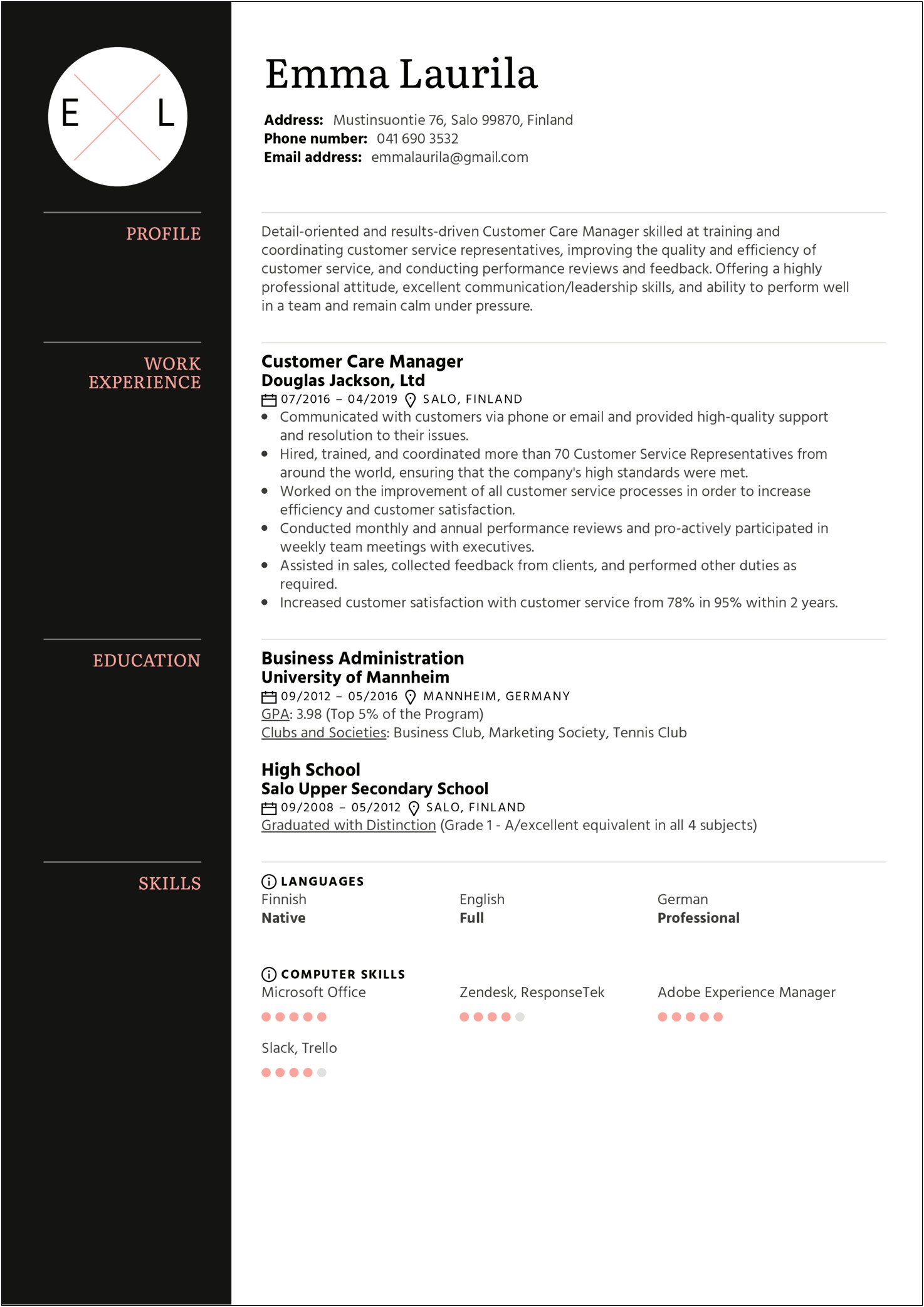 Customer Service Manager Resume Sample Templates