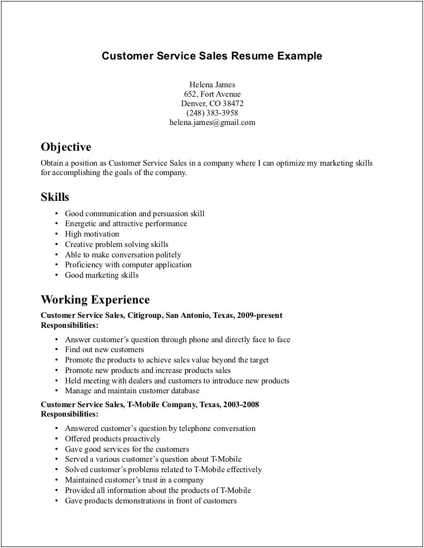 Customer Service Objectives And Goals For Resume