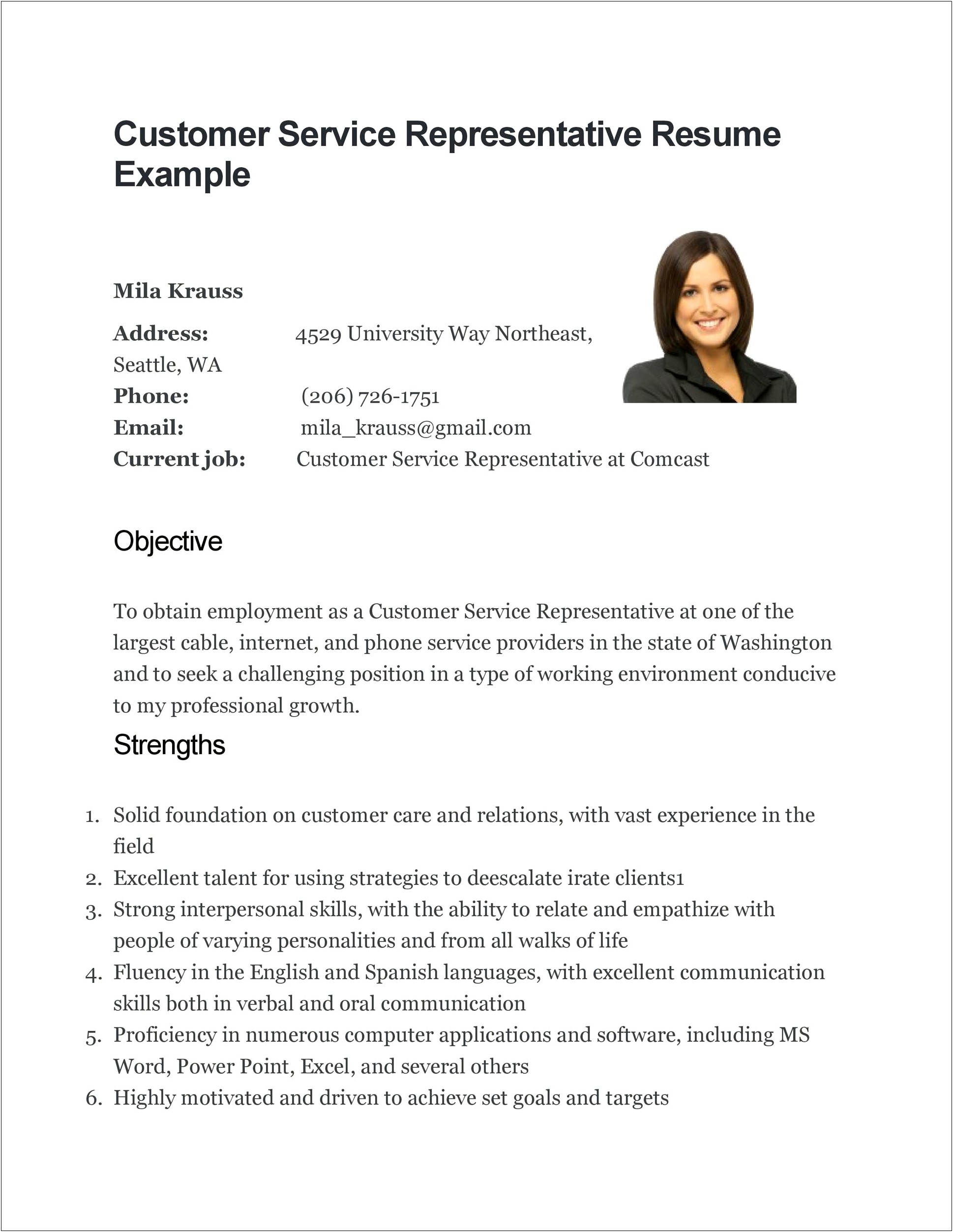 Customer Service Representative In Bank Resume Sample