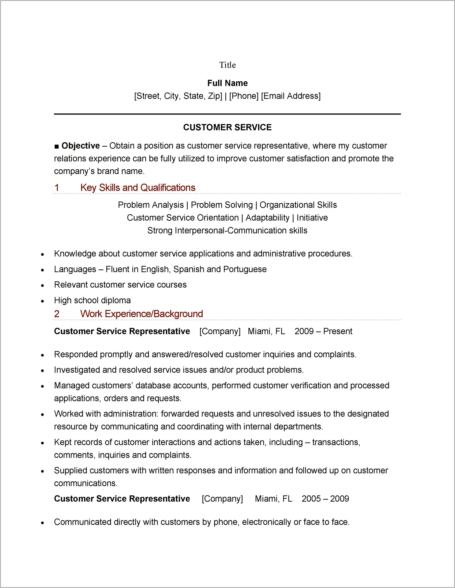 Customer Service Representative Job Objective Resume