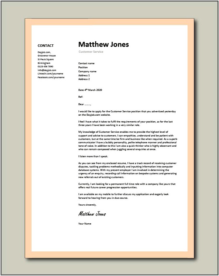 Customer Service Resume Cover Letter Template