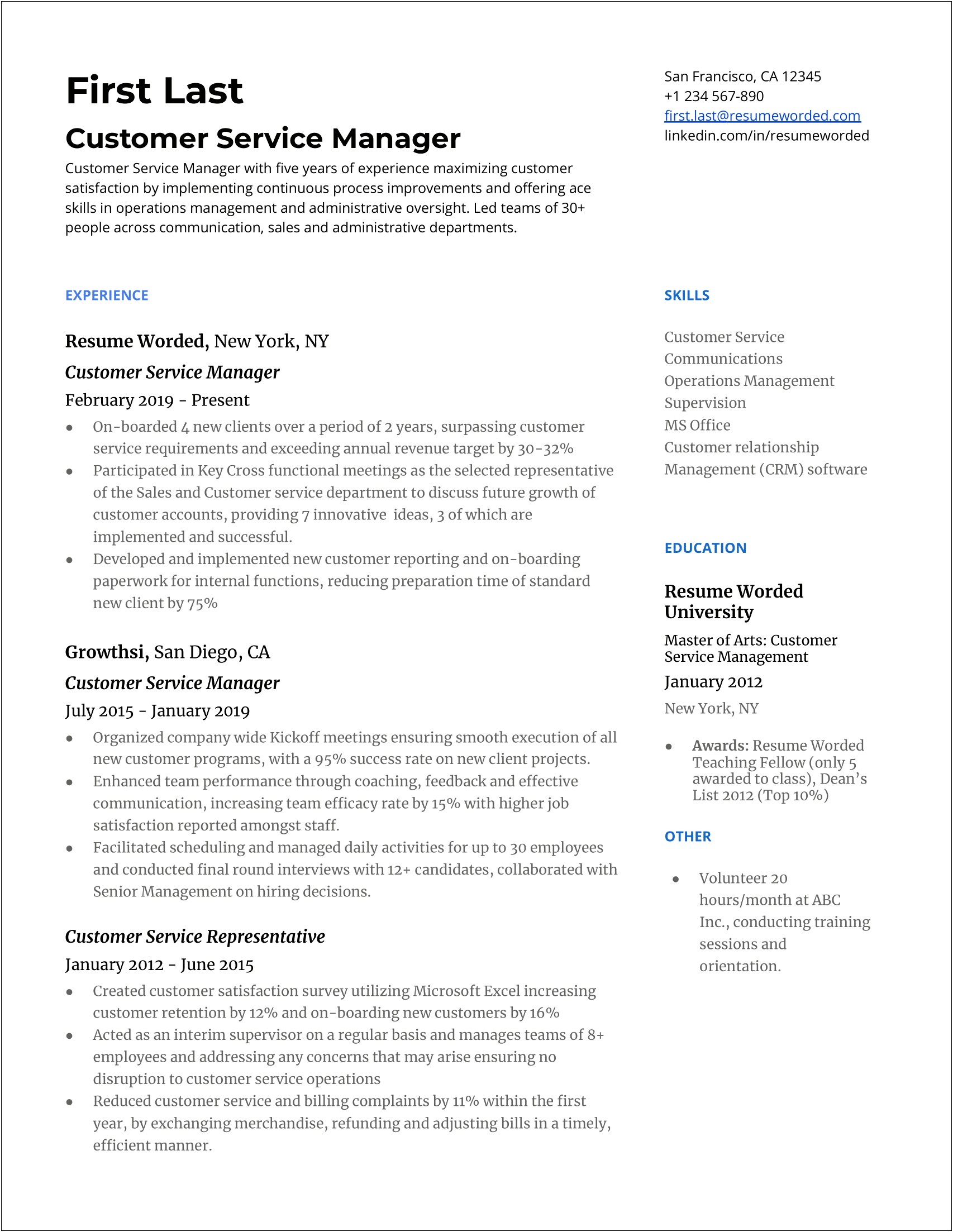 Customer Service Resume Description Of Work Example