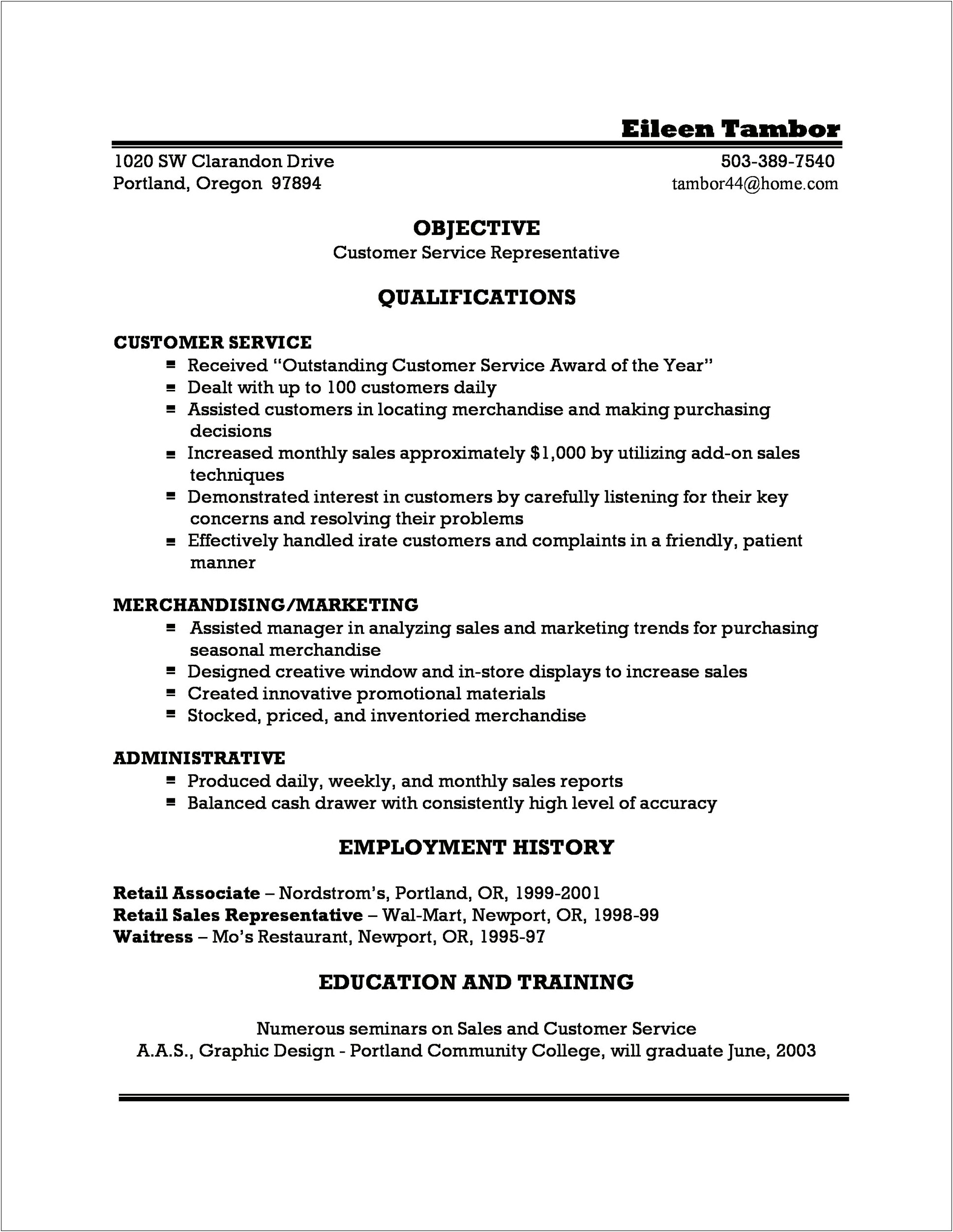 Customer Service Retail Job Description For Resume