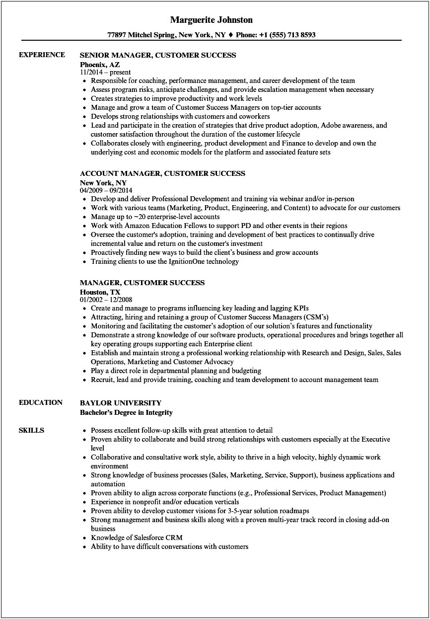 Customer Success Manager Free Resume Templates