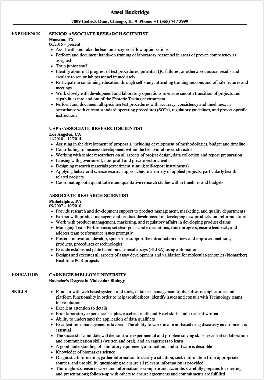 Cv Resume Examples Scientist Role In Vitro Biology