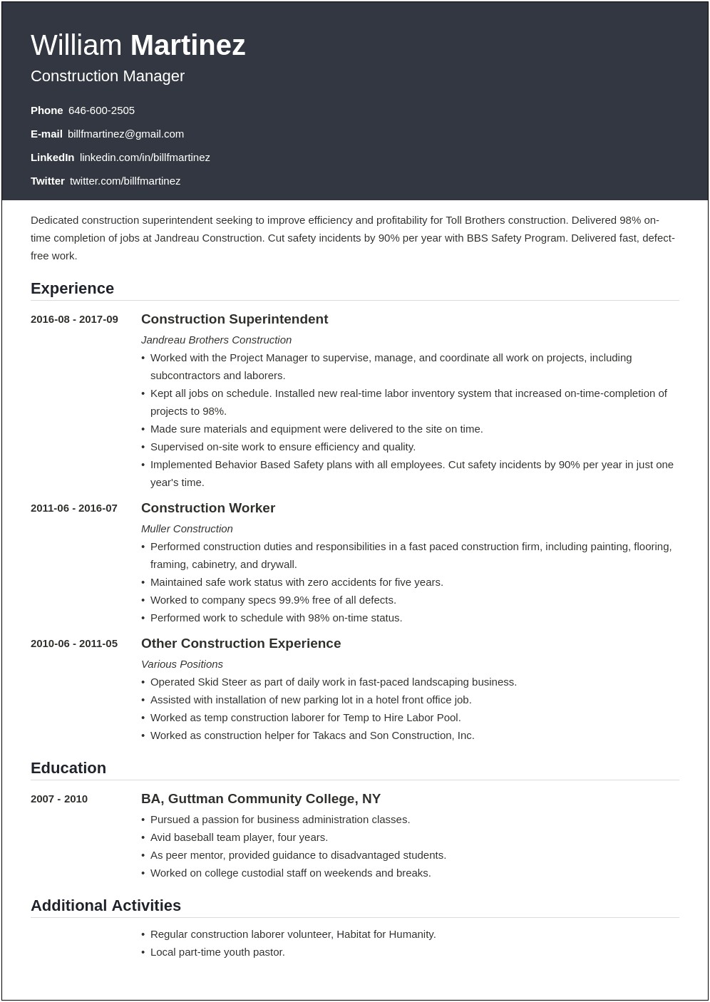 Cvc Construction Laborer Job Description For Resume