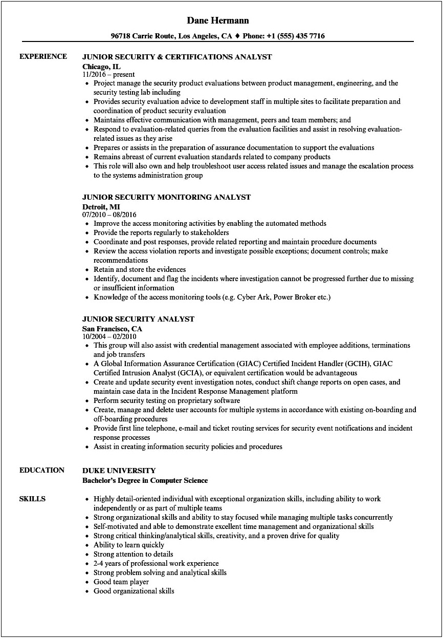 Cyber Security Analyst Project Based Resume Sample