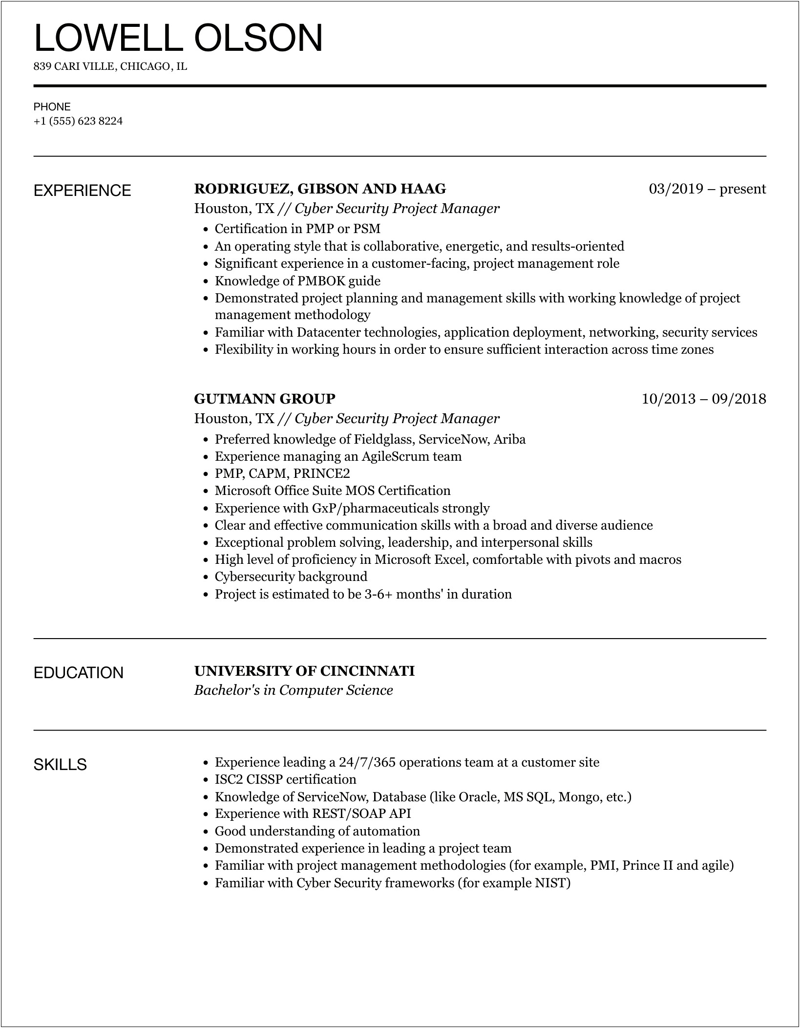 Cyber Security Project Based Resume Sample