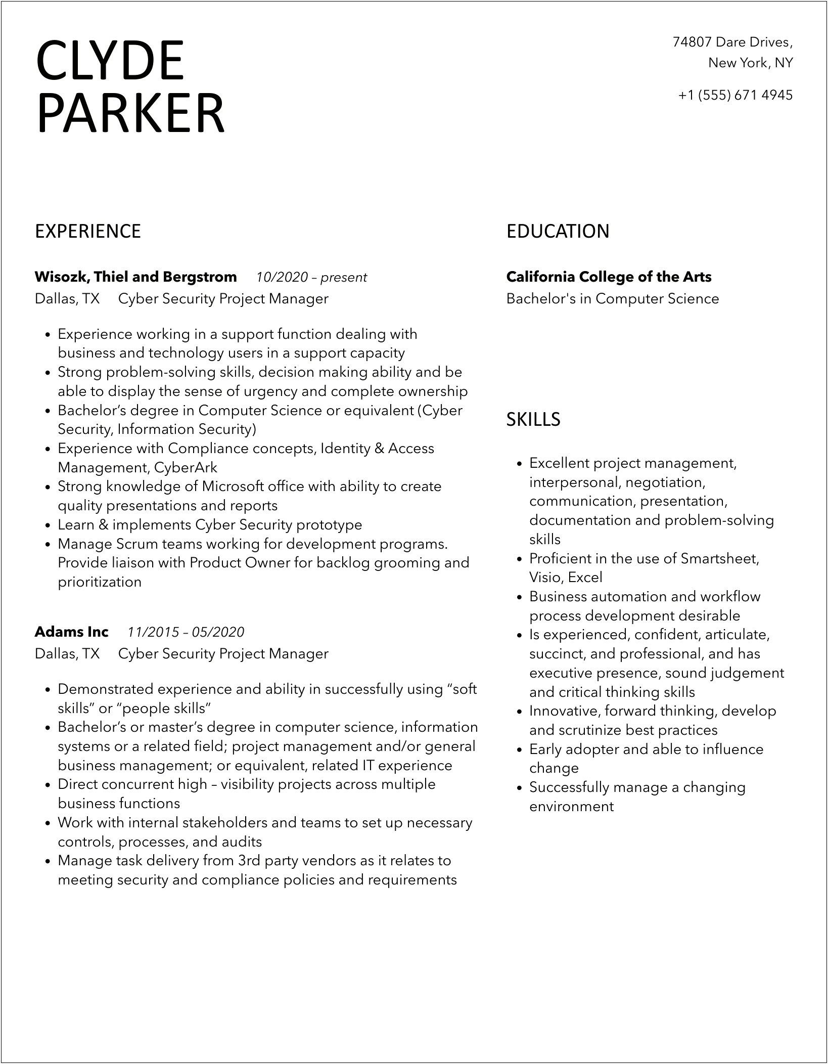 Cyber Security Project Manager Sample Resume