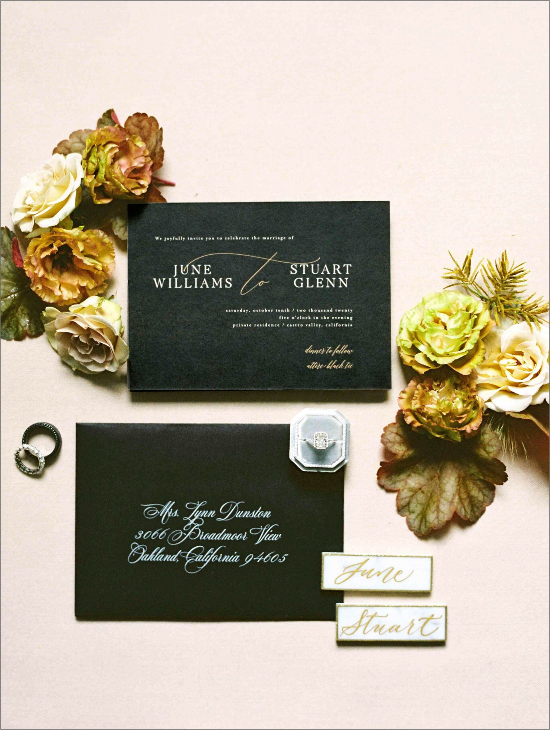 Dark Green Cream And Gold Wedding Invitations