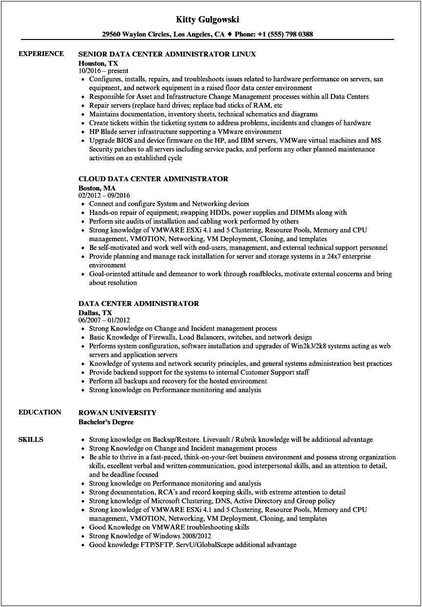 Data Center Operations Engineer Sample Resume