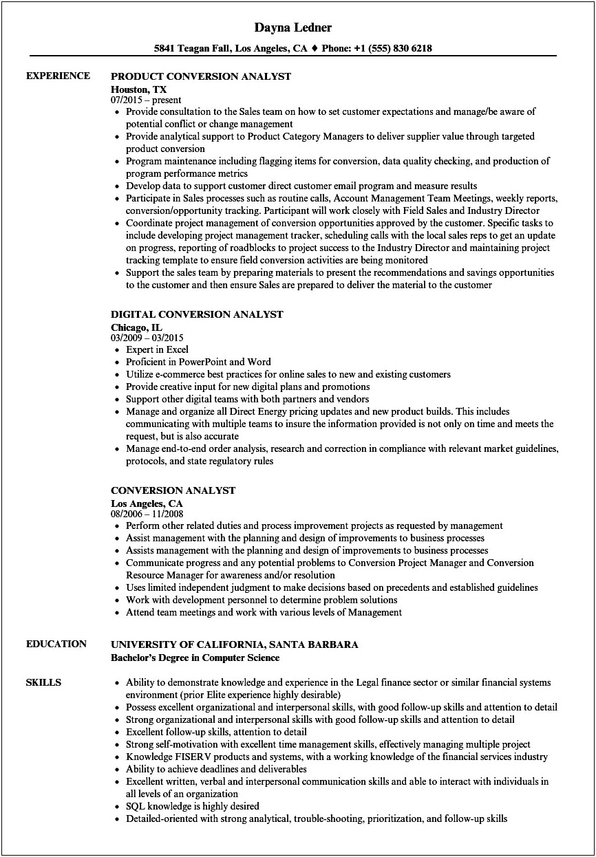 Data Conversion Business Analyst Resume Sample