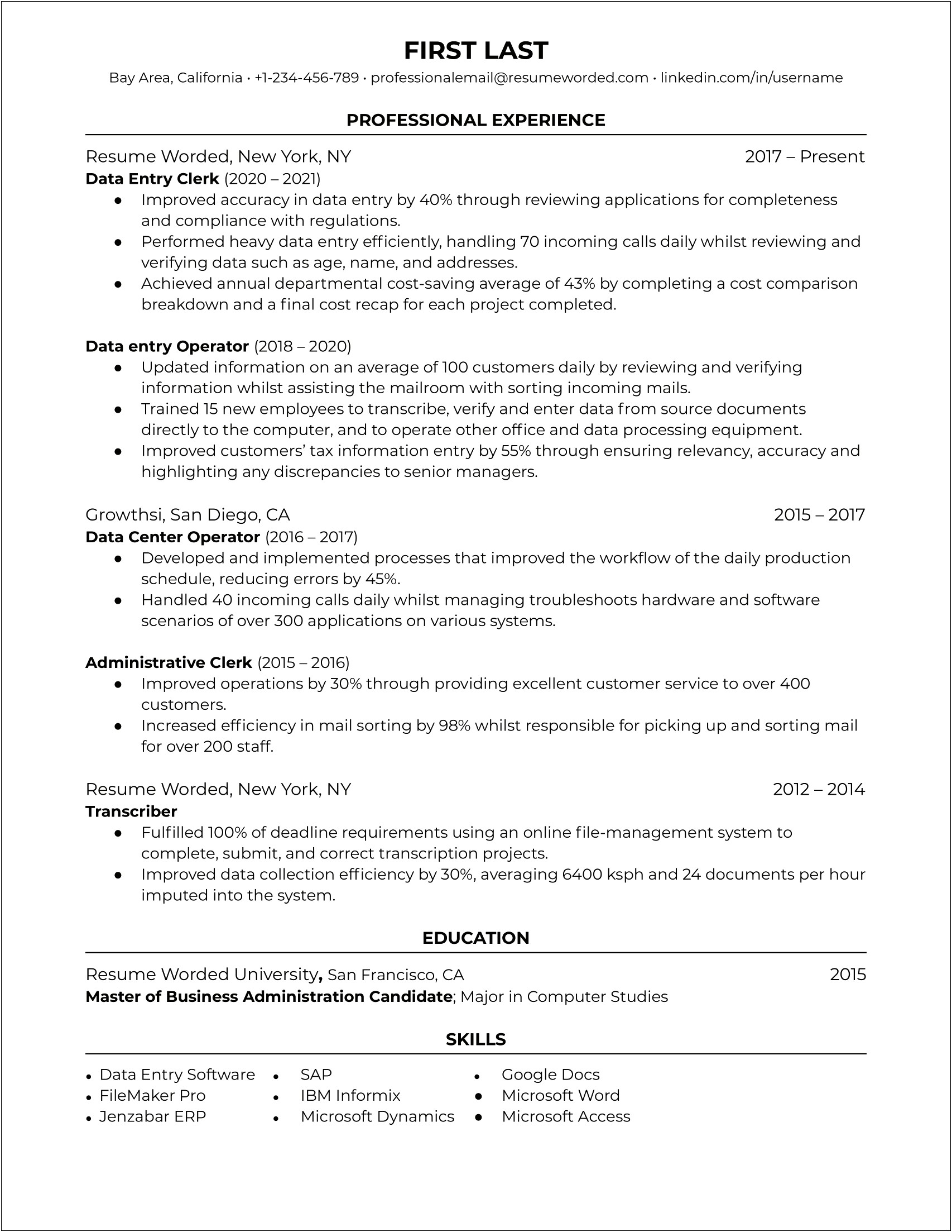 Data Entry Clerk Resume No Experience