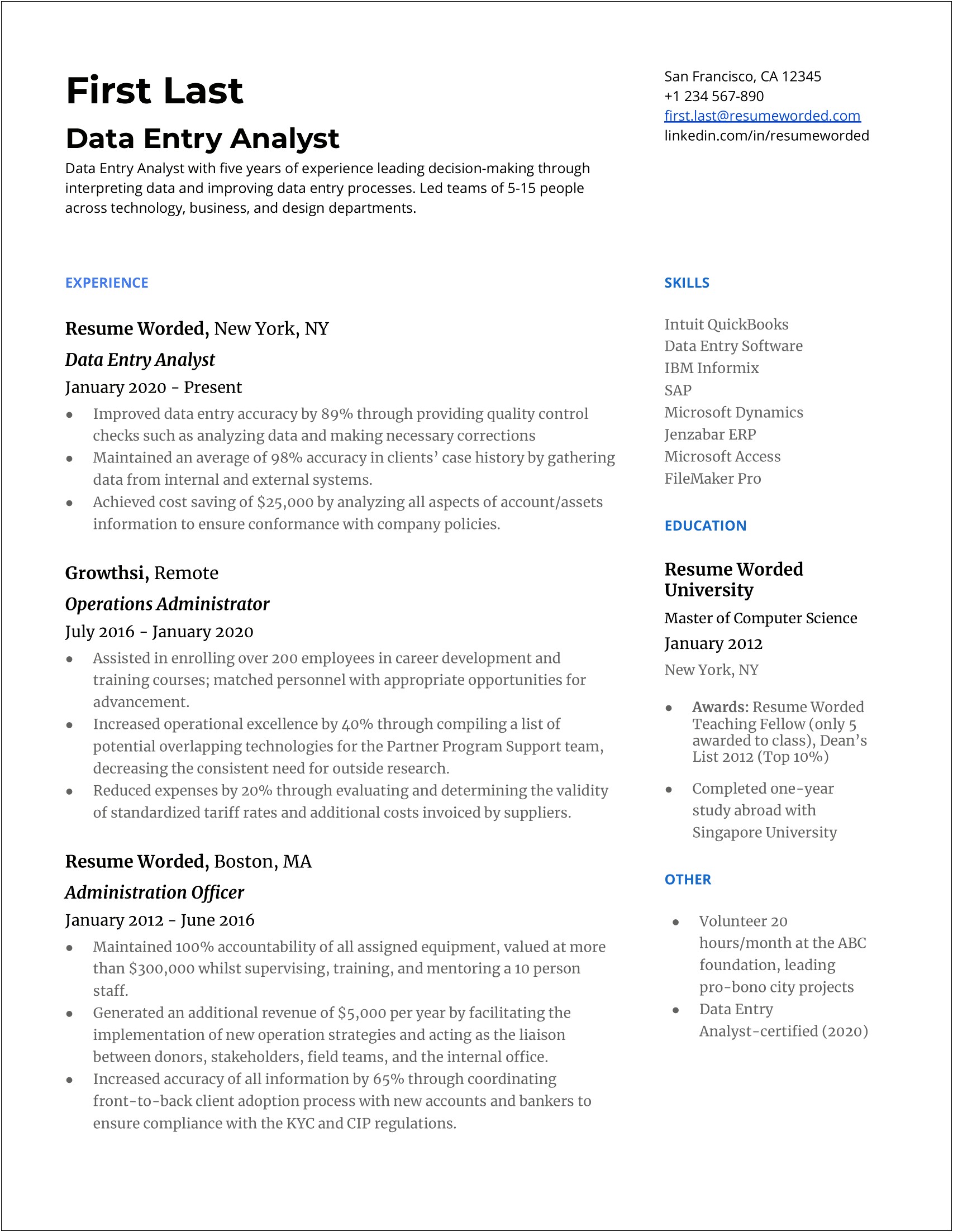 Data Entry Resume Summary Of Qualifications