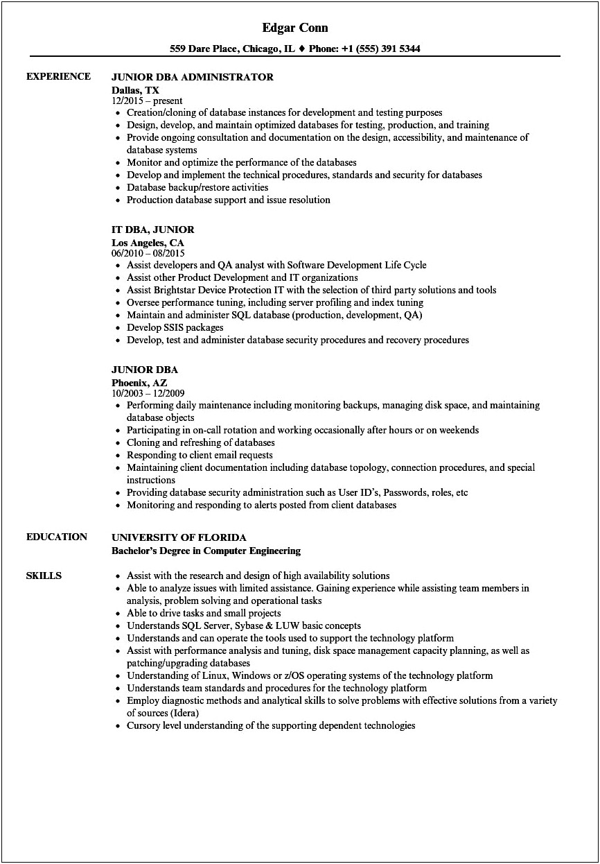 Database Administrator Resume With No Experience