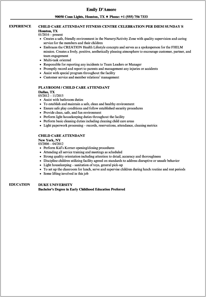Daycare Provider Job Description For Resume
