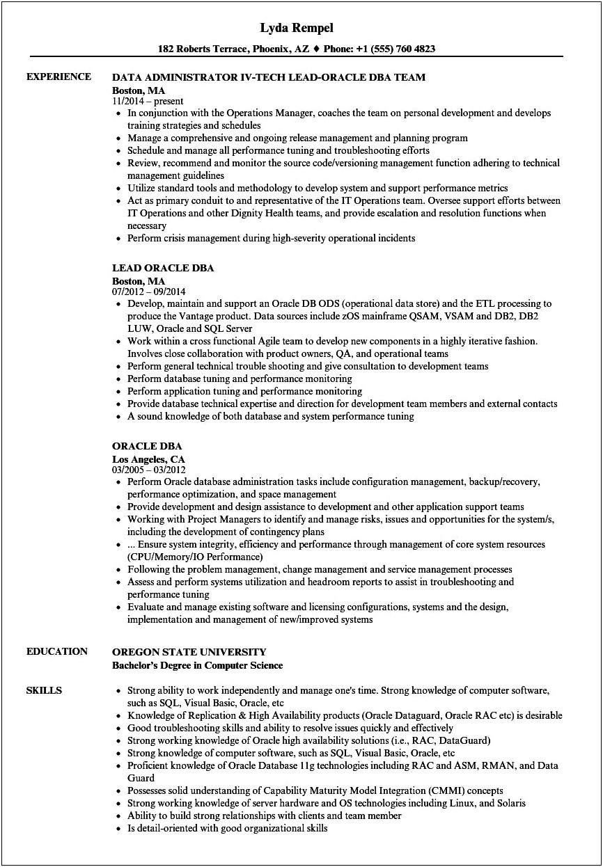 Dba Resume For 4 Year Experience