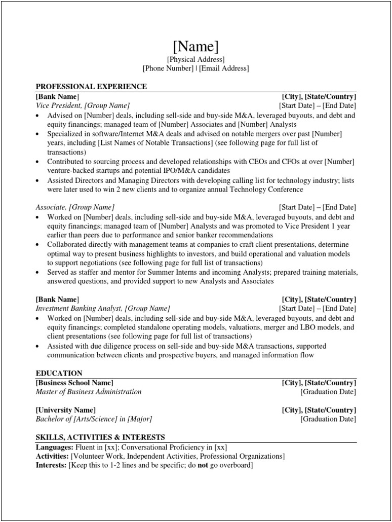 Deal Experience On Resume Investment Banking