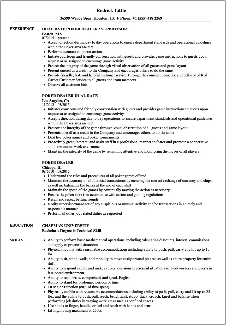 Dealer At A Casino Resume Examples
