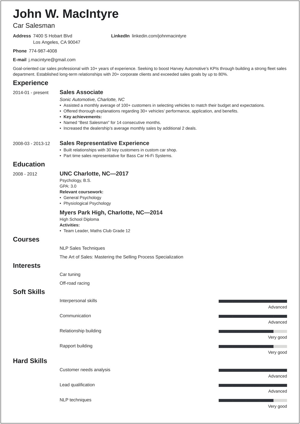 Dealer Sales Consultant Resume Summary Objective Sample