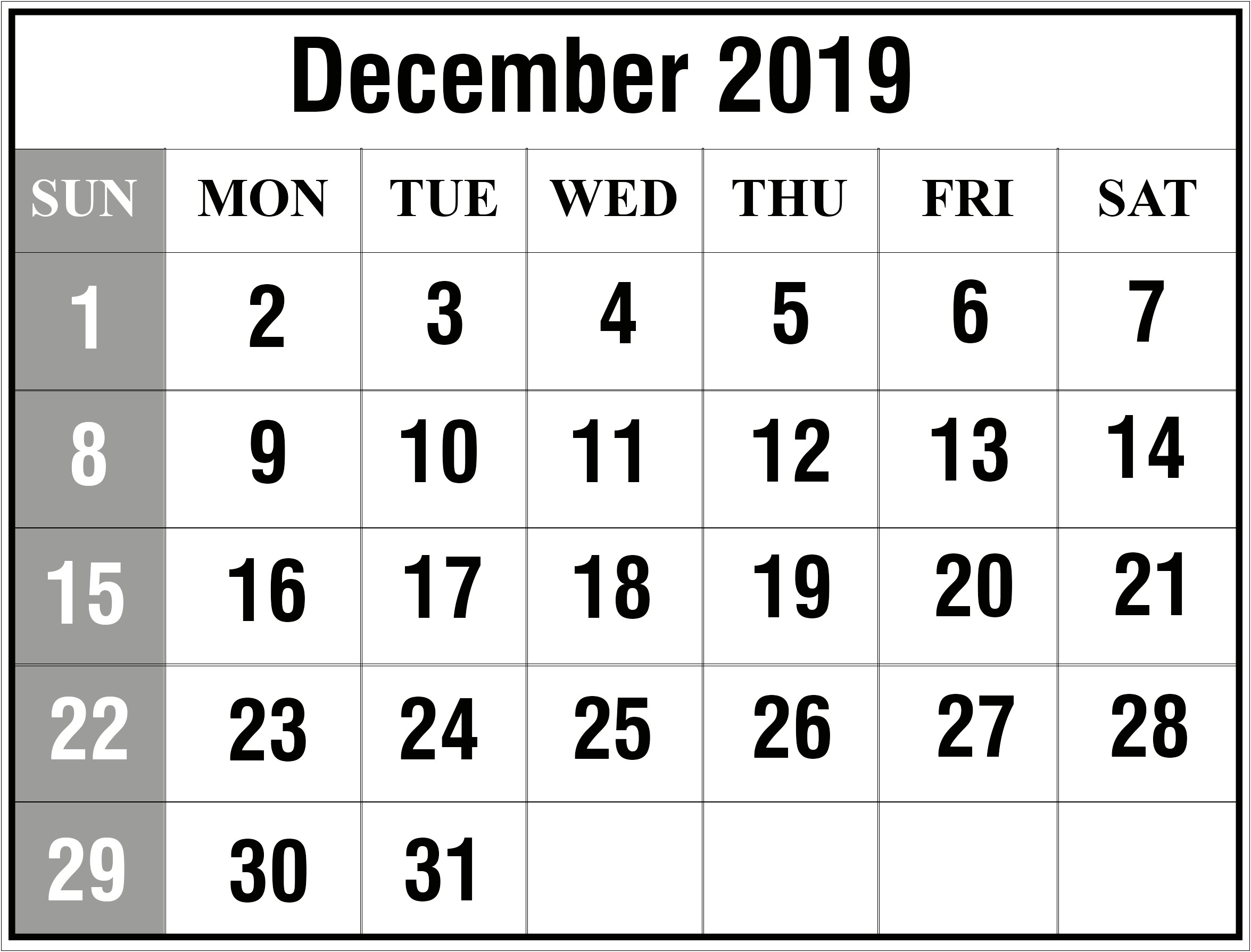 December 2019 Calendar Word Template Download