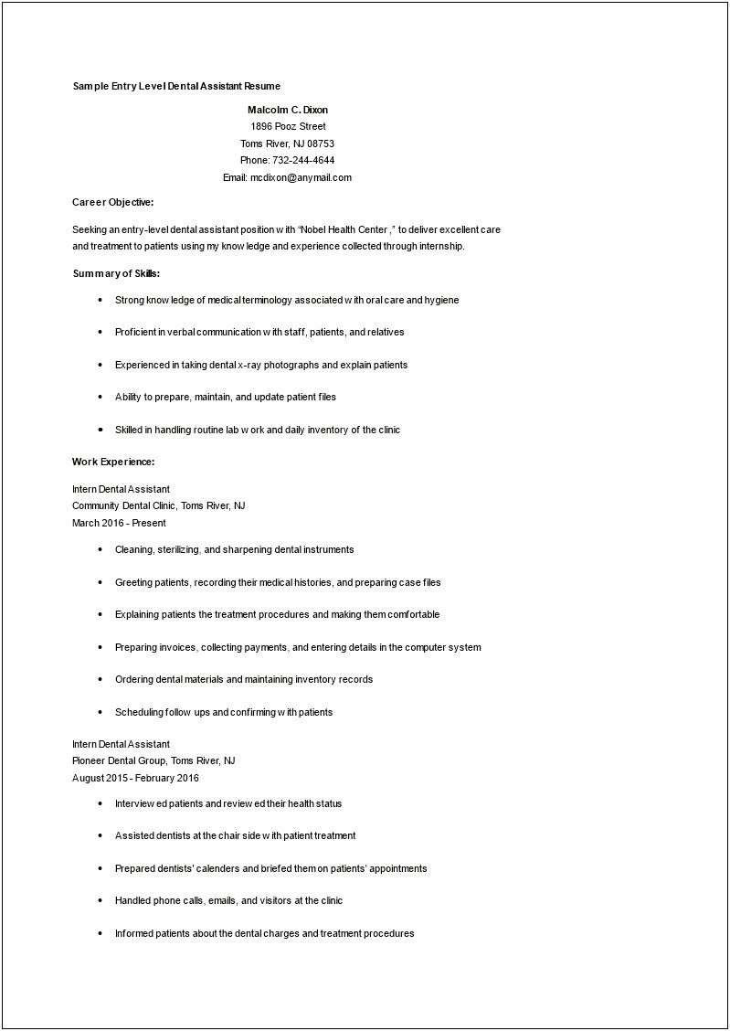 Dental Assistant Resume Examples With Experience