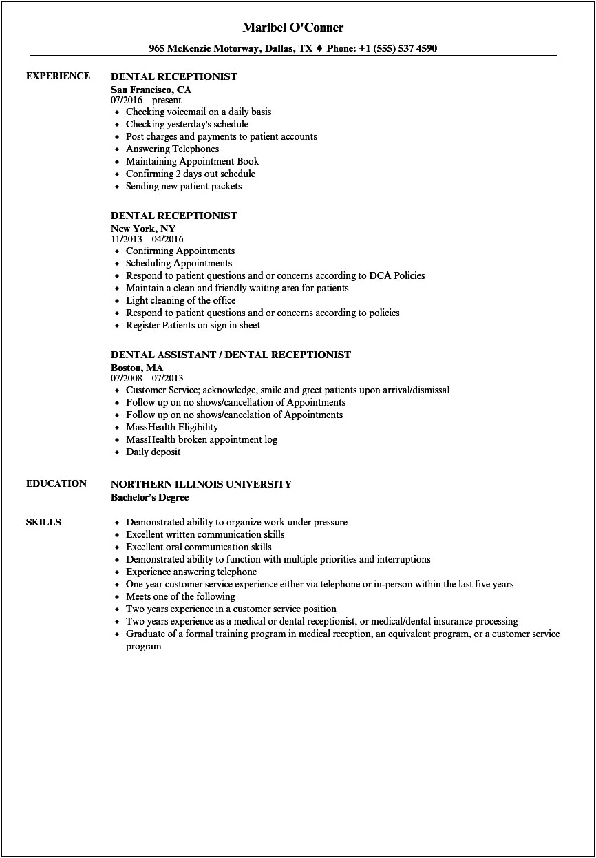 Dental Front Office Resume No Experience