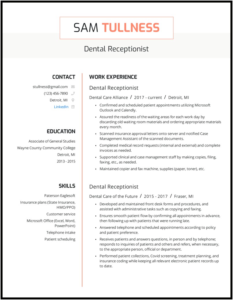 Dental Office Front Desk Resume Sample