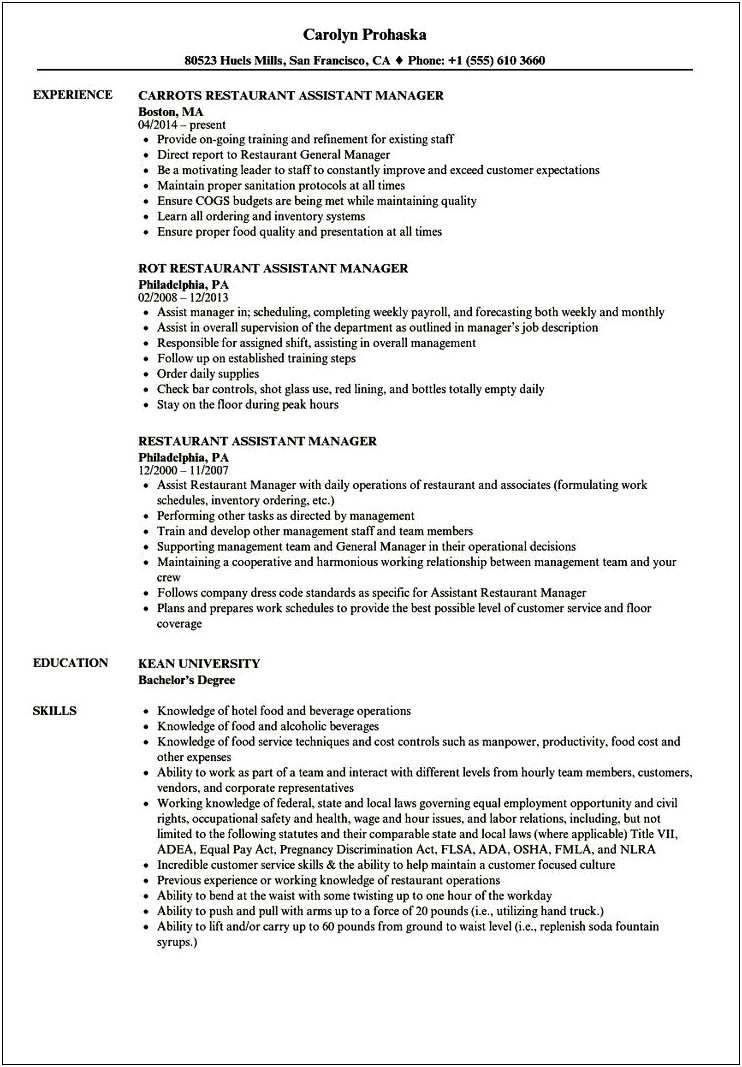 Department Manager Job Description For Resume