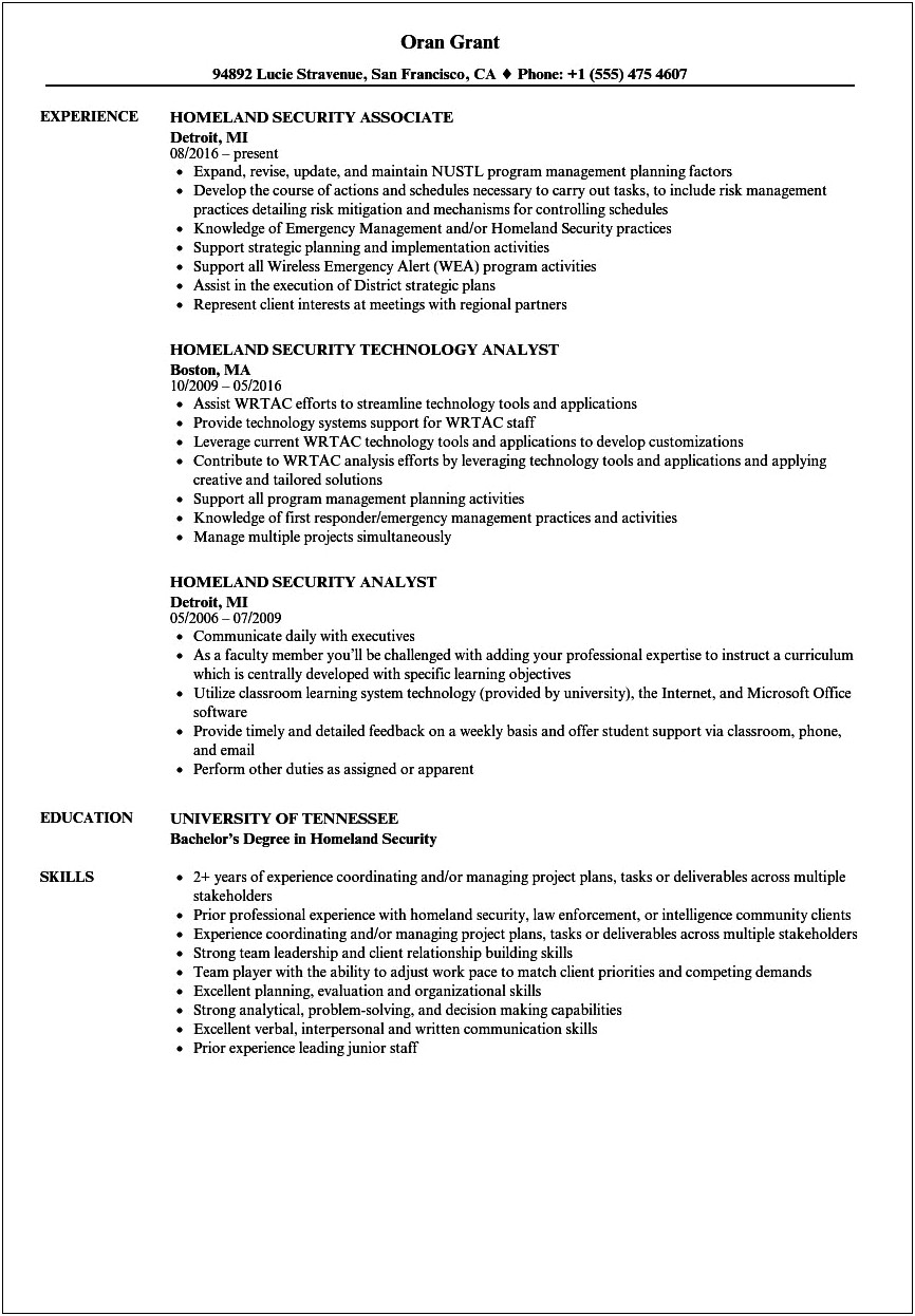 Department Of Homeland Security Resume Examples