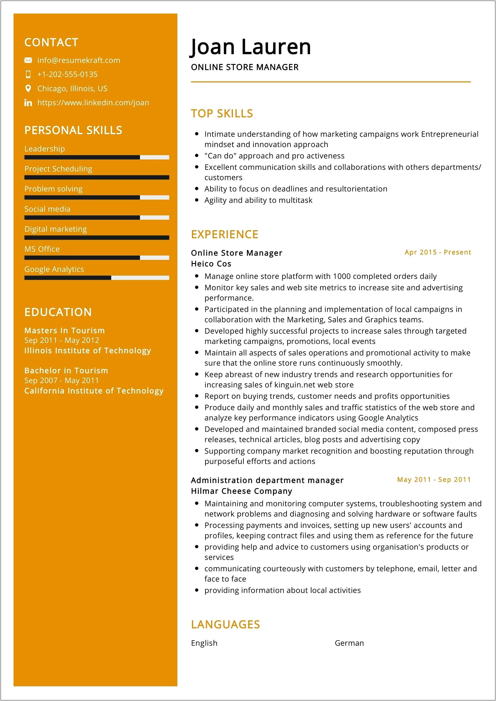 Department Store Manager Resume With Key Accomplishments
