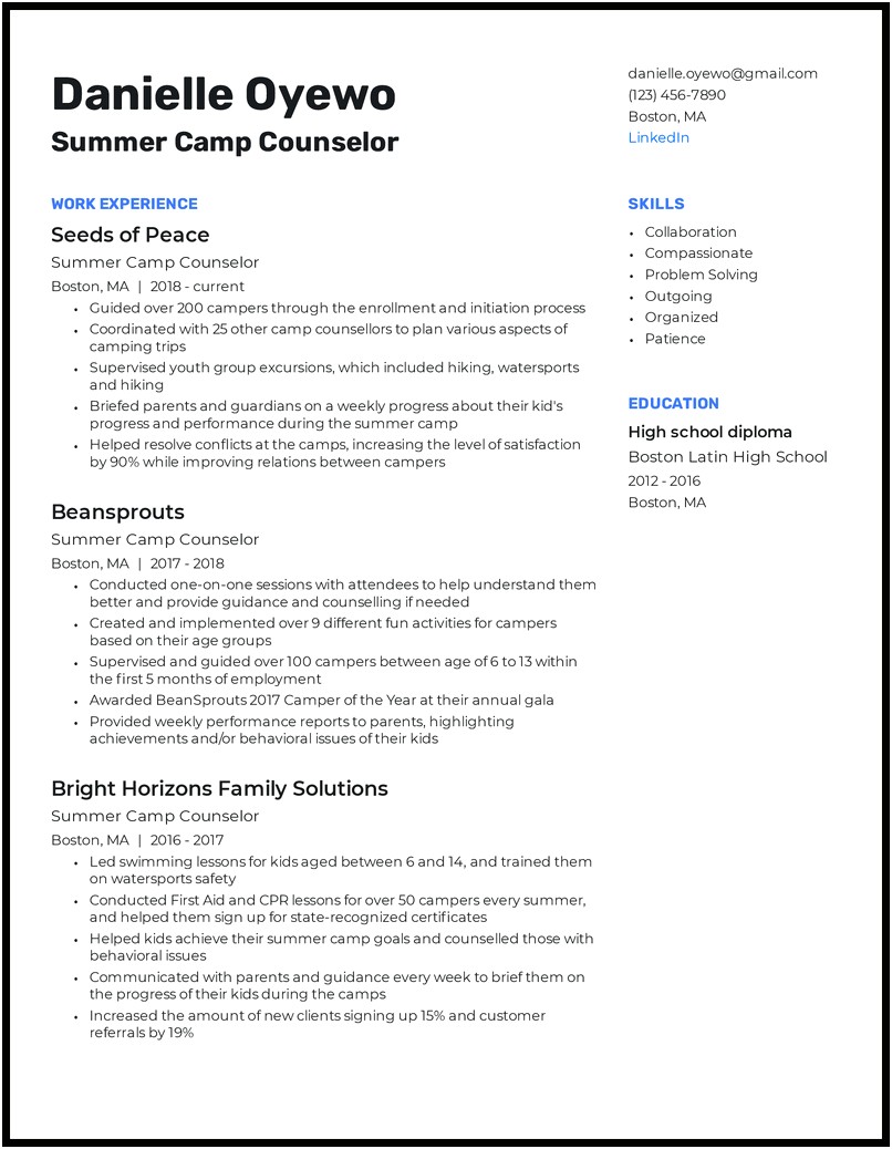 Description For Camp Counselor On Resume