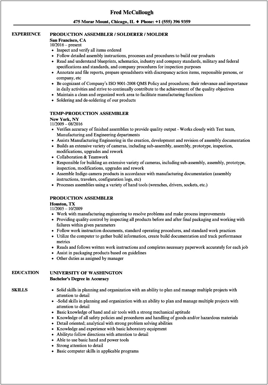 Description For Resume For Assembly Worker