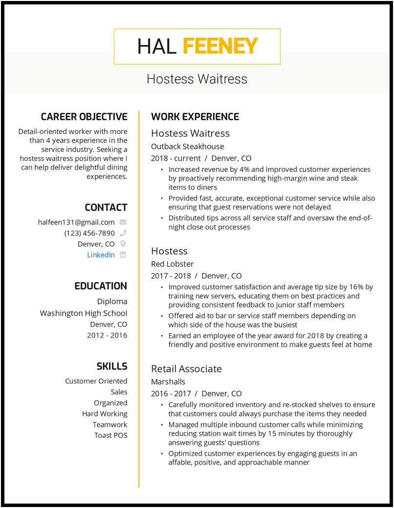 Description Of A Good Waitress For Resume