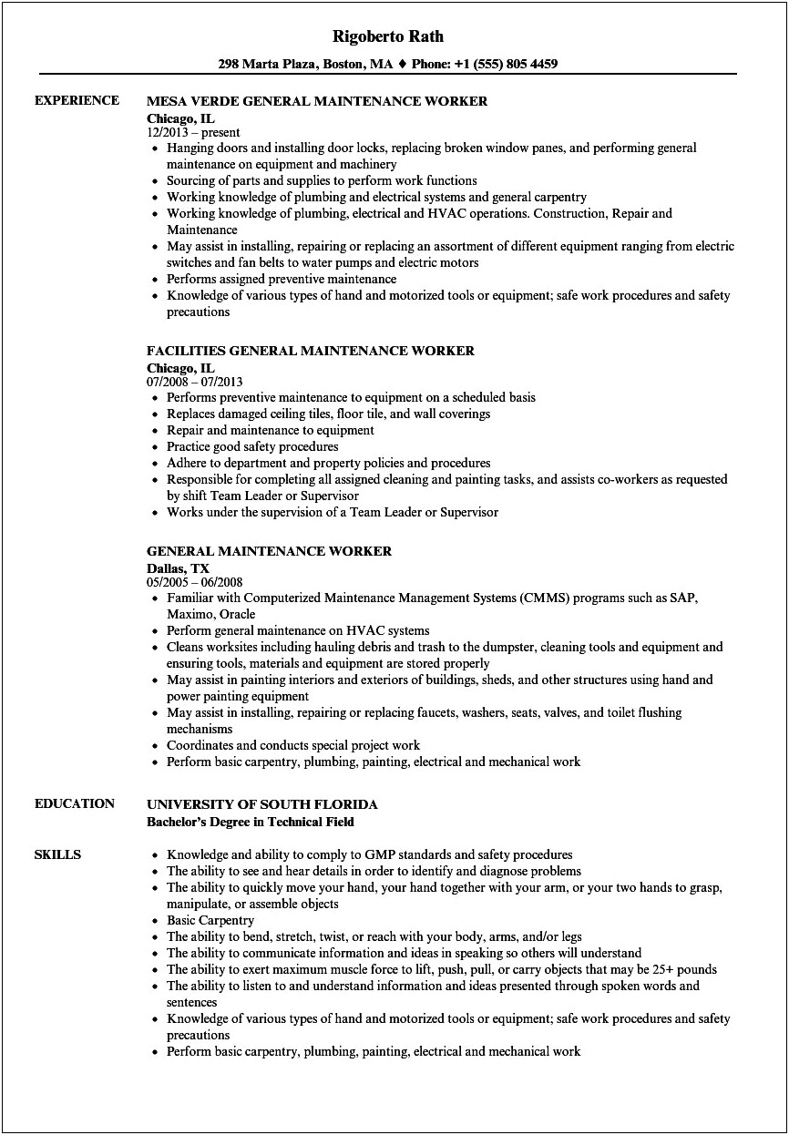 Description Of A Maintenance Worker Resume