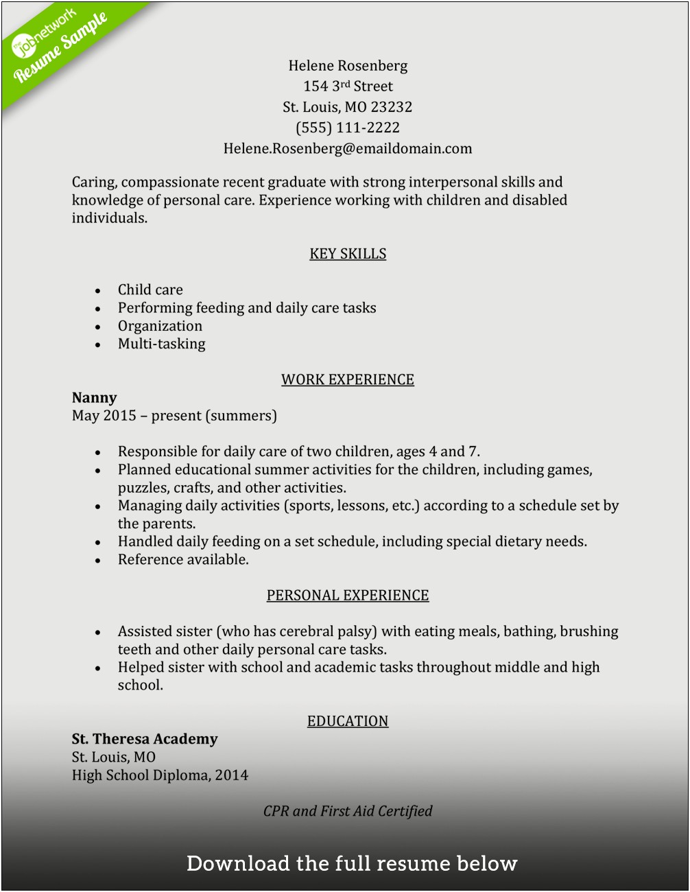 Description Of Child Care Provider On Resume