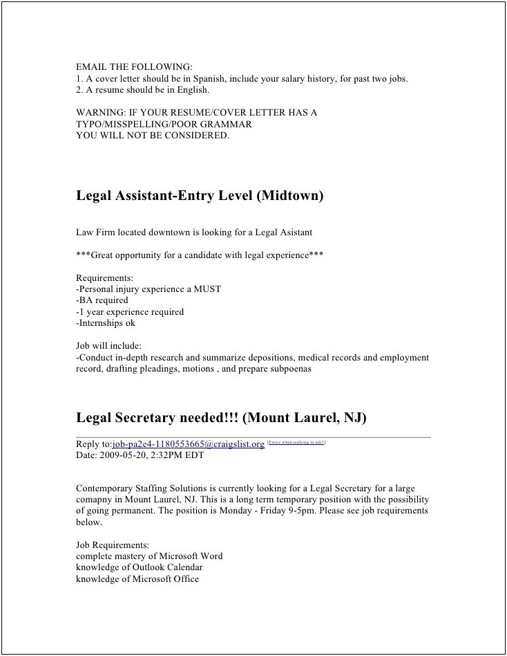 Description Of Legal Assistant On Resume