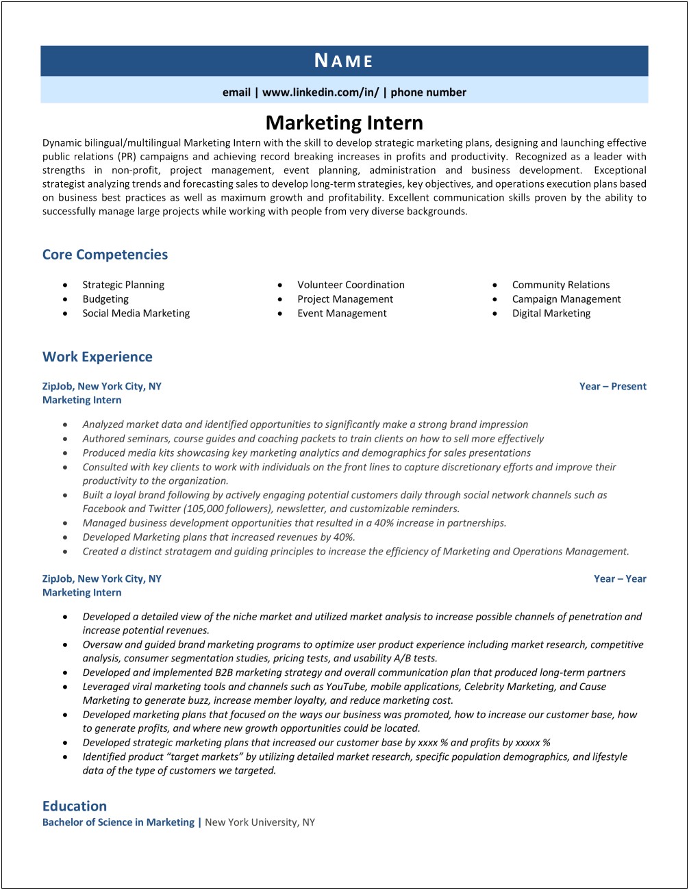 Description Of Marketing Internship For Resume