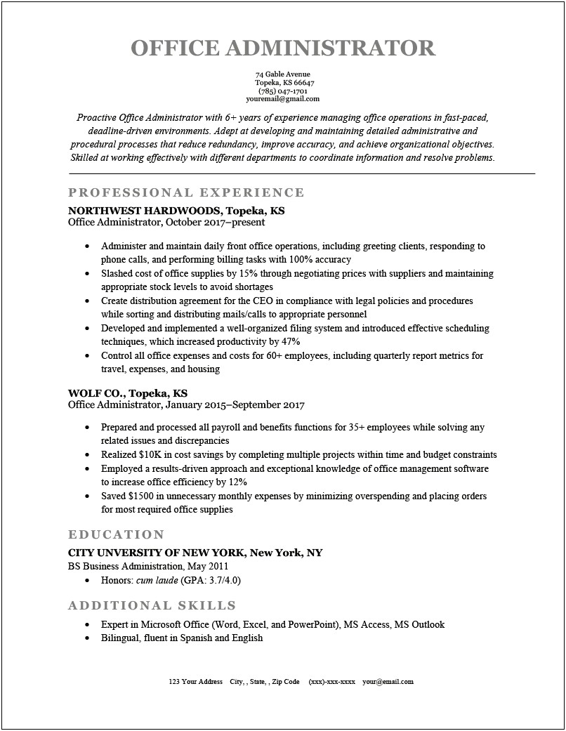 Description Of Office Job For Resume