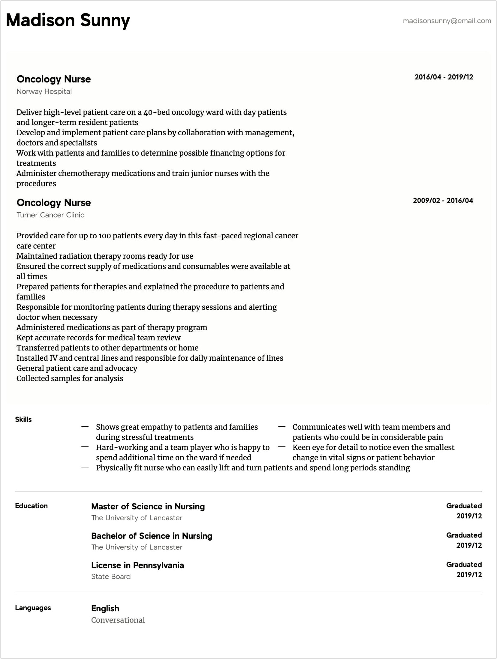 Description Of Office Oncology Np For A Resume