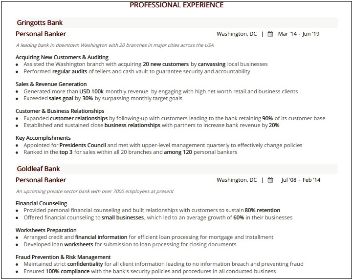 Description Of Personal Banker Duties For Resume