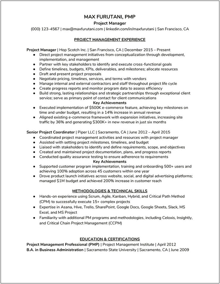 Description Of Project Manager For Resume