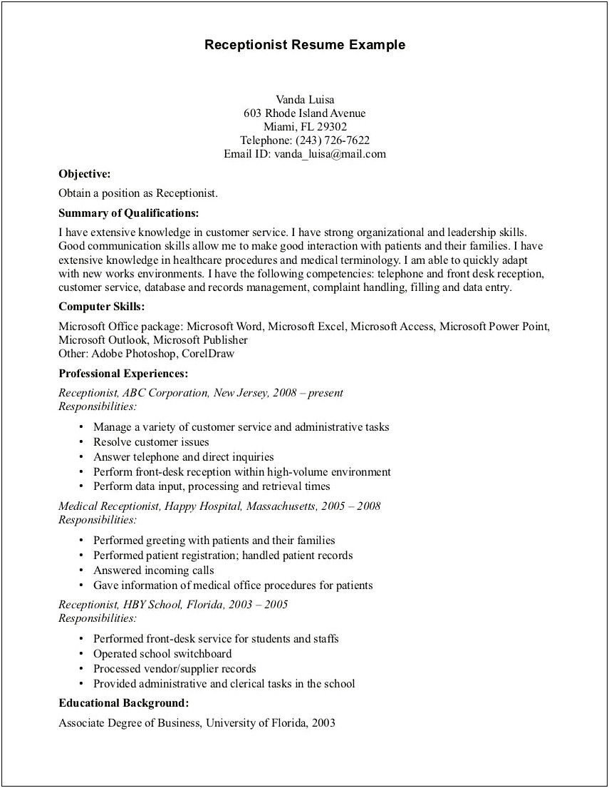 Description Of Receptionist Job On Resume