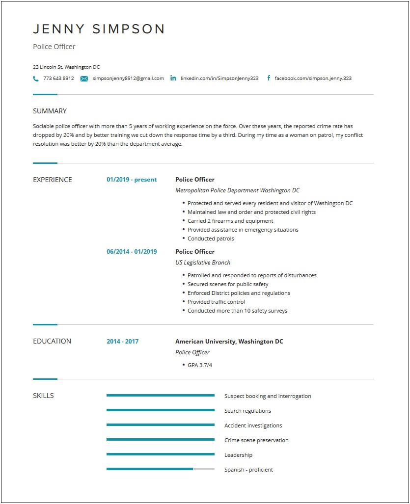 Description Of Work Experience Resume Police Officer Example