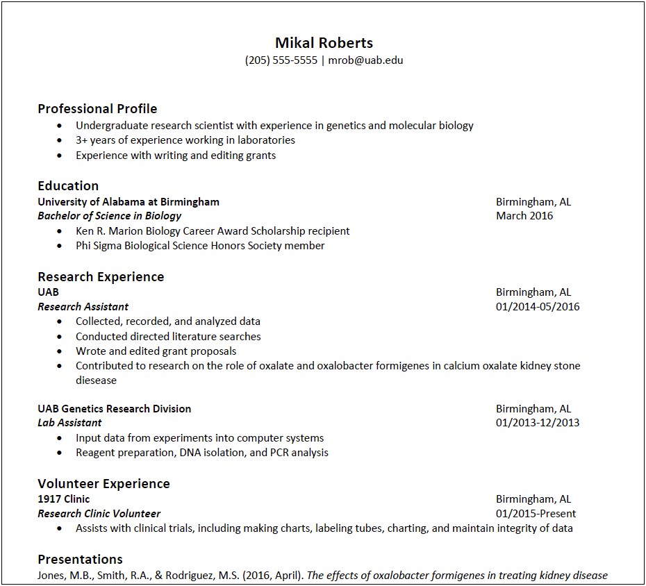 Description On Resume For Undergraduate Research