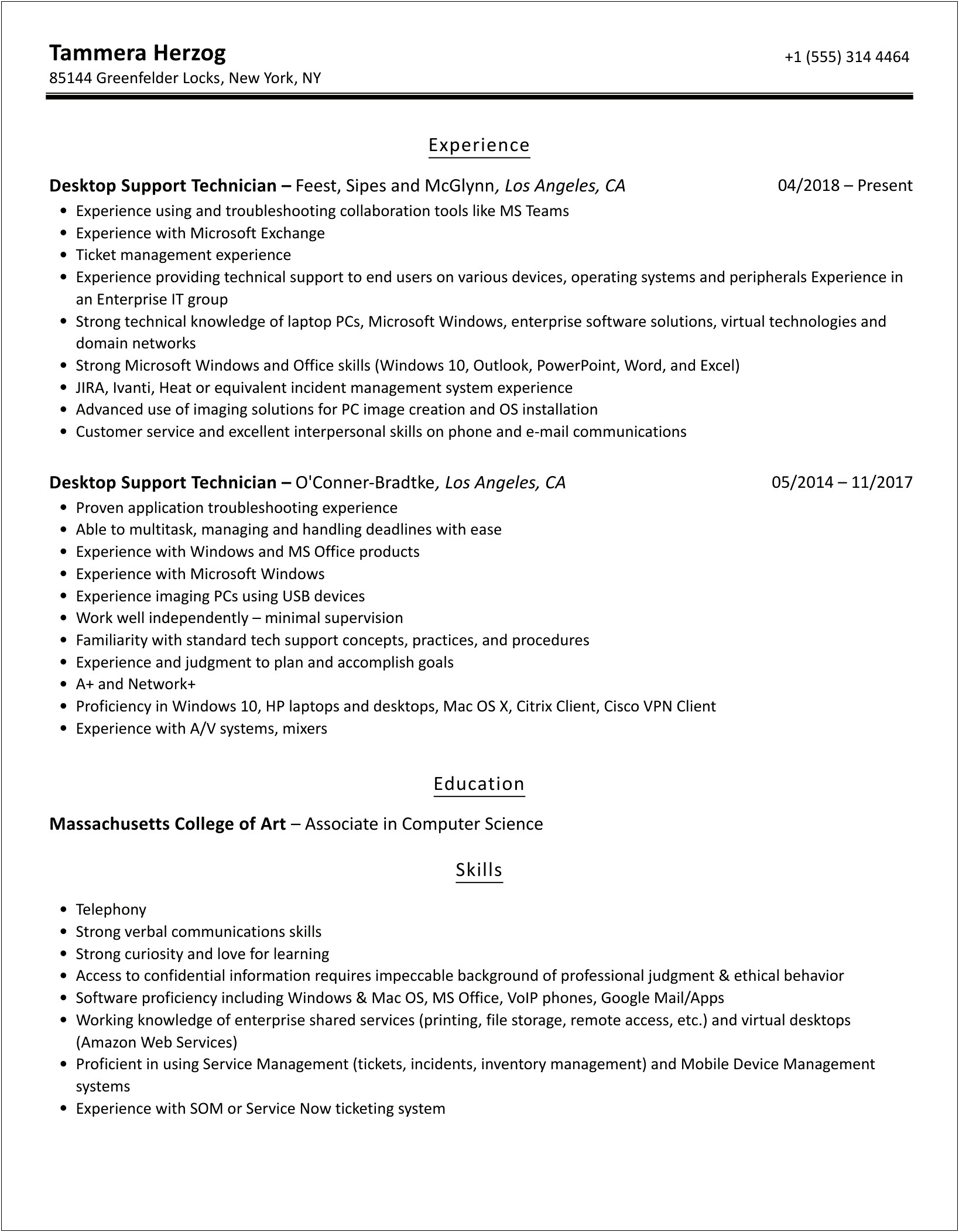 Desktop Technician Jr Admin Sample Resume