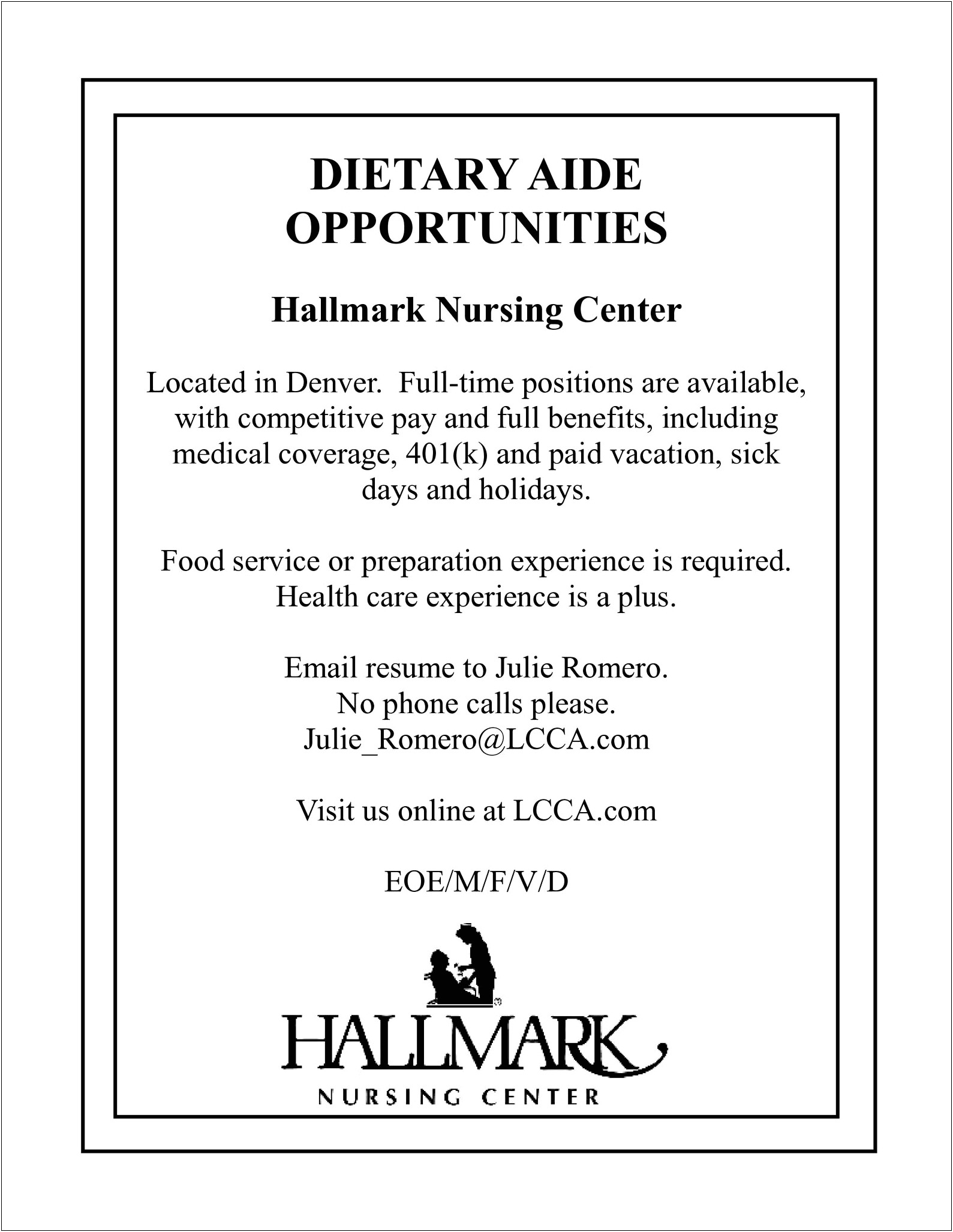 Dietary Aide Job Duties For Resume